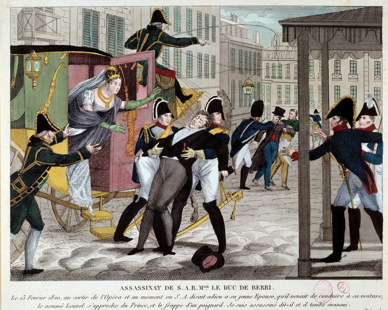 Död Charles Ferdinand de Bourbon, hertig av Berry (1778-1820) 13/02/1820 vid utgången från Royal Academy of Music Brorson till kung Ludvig XVIII mördades på operan av Louvel, en republikan som ville stänga ner kungliga dynastin. Engravi av Anonymous Anonymous