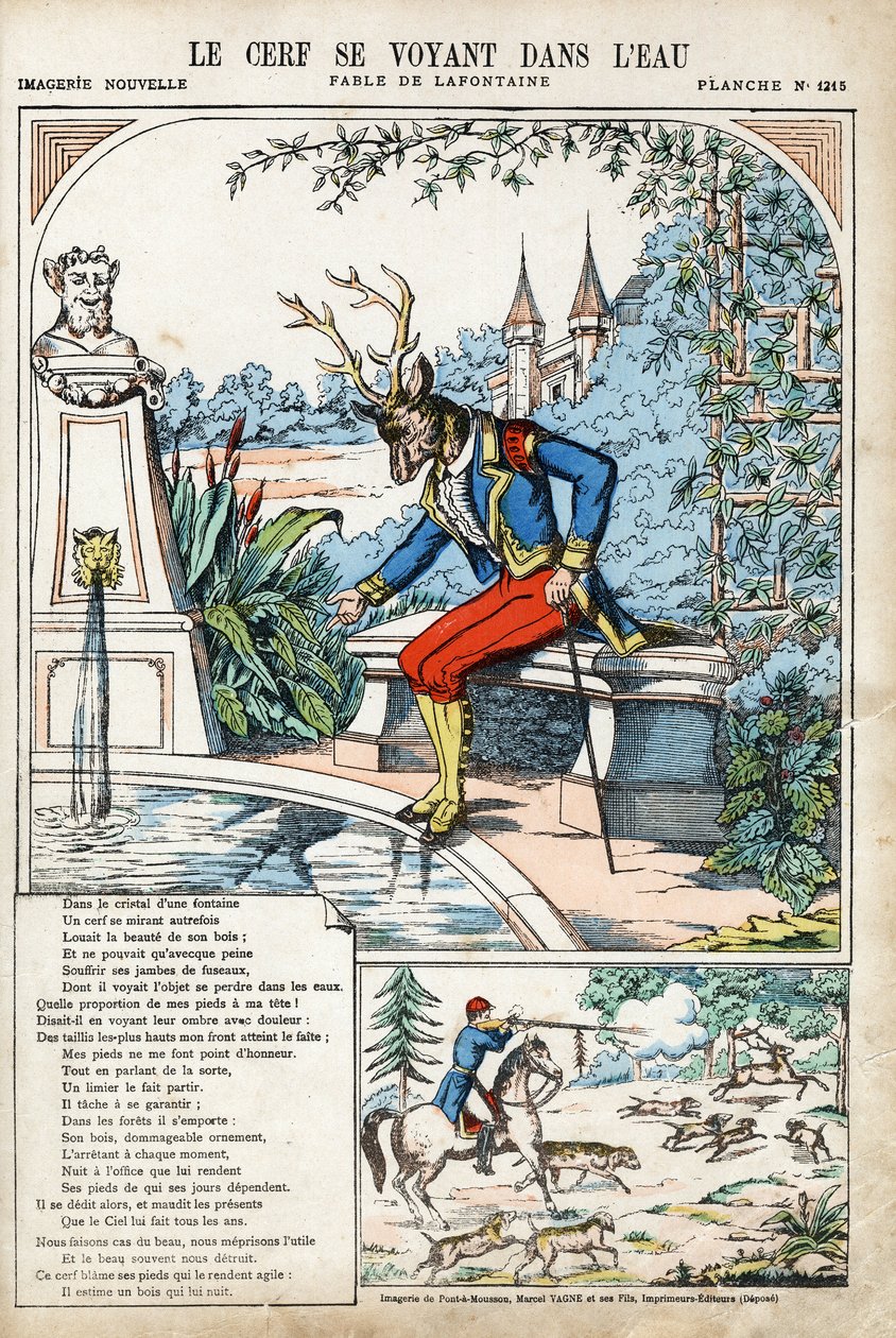 Rådjuren ser sig själva i vattnet. Anonym illustration för Les Fables av Jean de LA FONTAINE (Lafontaine) (1621-1695). Avbildning av Pont-a-Mousson, ca 1880. Privat samling. av Anonymous Anonymous