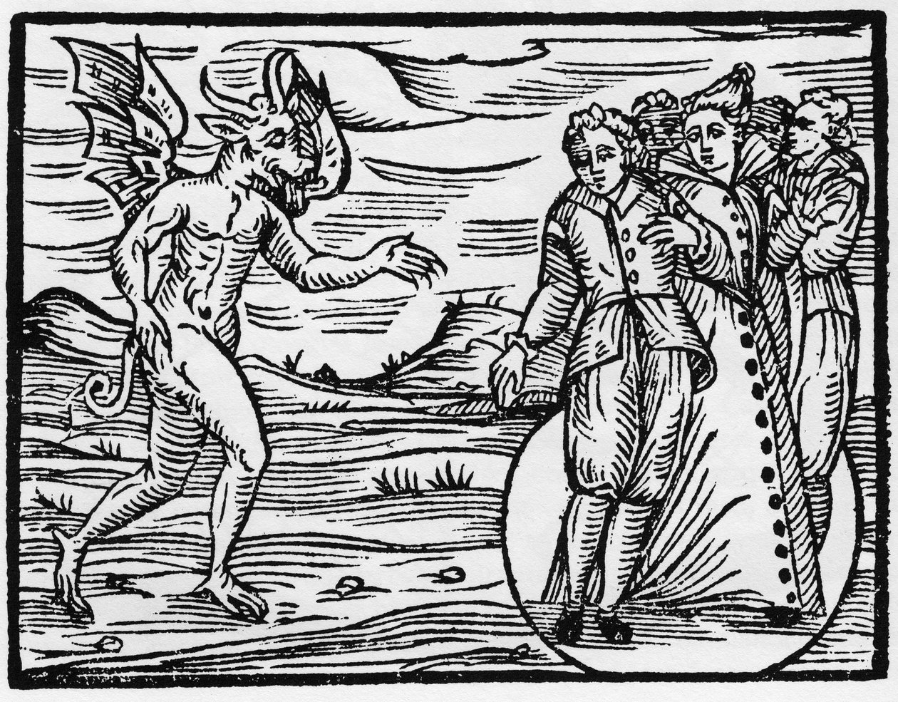 Djävulen tvingar dem som fick honom att synas att sluta en pakt med honom - "Compendium Maleficarum", handlar om häxor, deras ondska och deras sortileges av Francesco Maria Guazzo eller Guaccio eller Guaccius (15?? -16??) 1608 privatsamling av Anonymous Anonymous