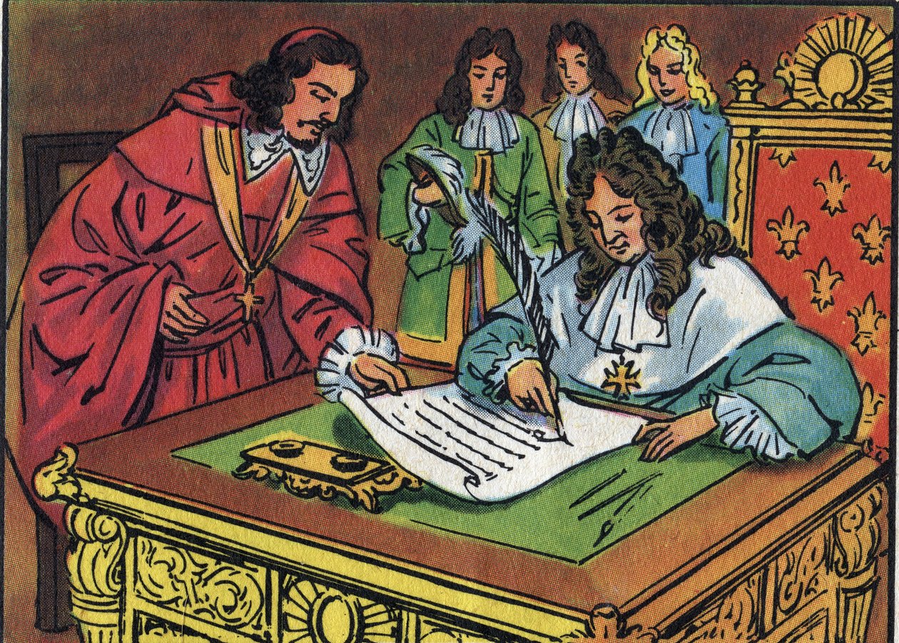 Redigeringen av Fontainebleau, undertecknad av Ludvig XIV den 18 oktober 1685, återkallade redigeringen av Nantes som beviljades av Henri IV 1598. Anonym illustration i "" Collection des souverains et chefs d