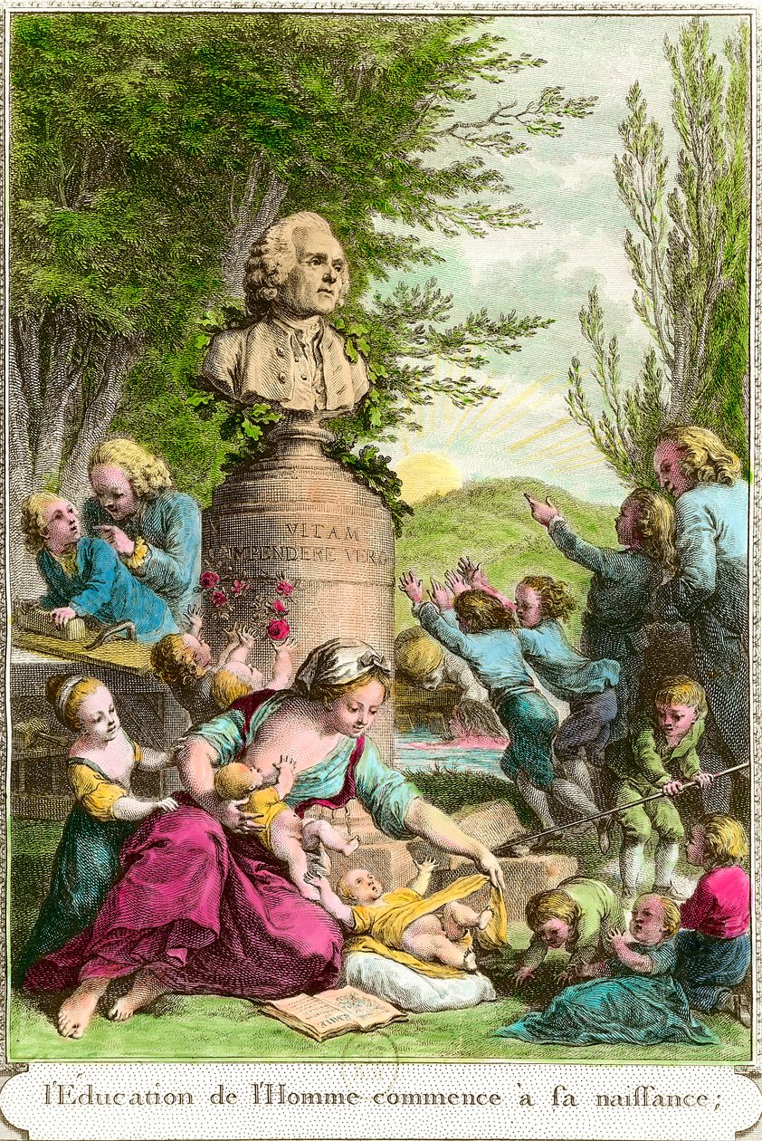 Människans utbildning börjar vid hennes födelse: mödrar med sina barn, tillsammans med en byst som hyllning till den schweiziska filosofen Jean Jacques Rousseau (1712-1778). Gravyr av 1700-talets privatsamling av Anonymous Anonymous