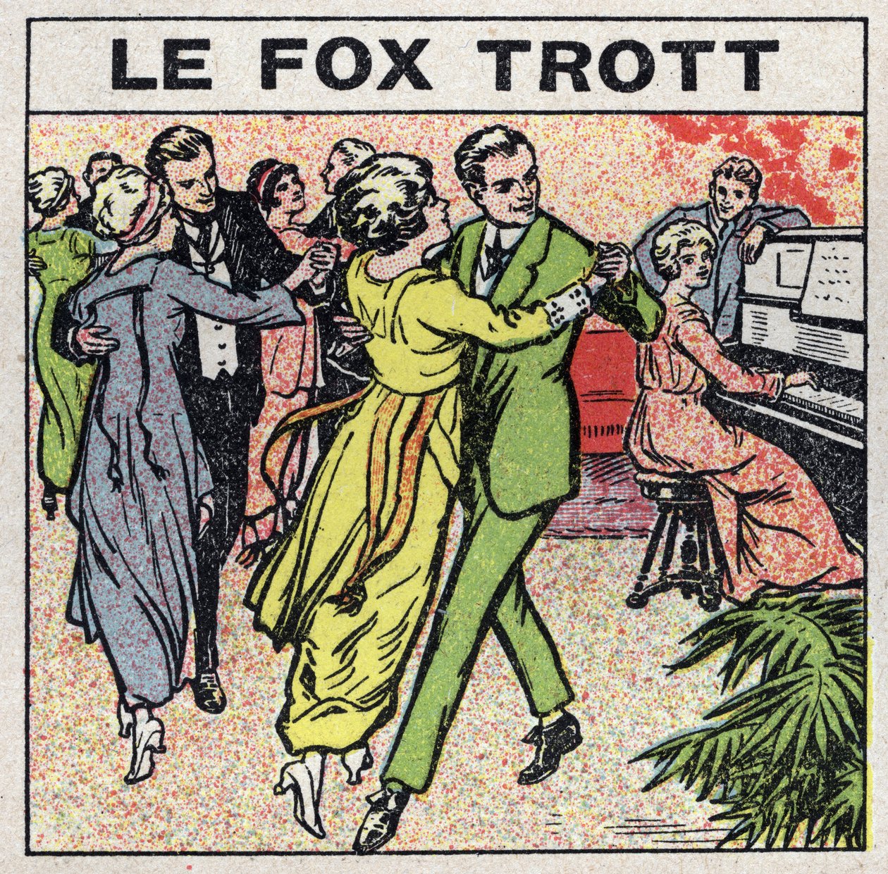 Musikens effekter: par dansar Fox Trot (Fox Trot) på en social kväll. Anonym illustration från 1925. Privat samling. av Anonymous Anonymous