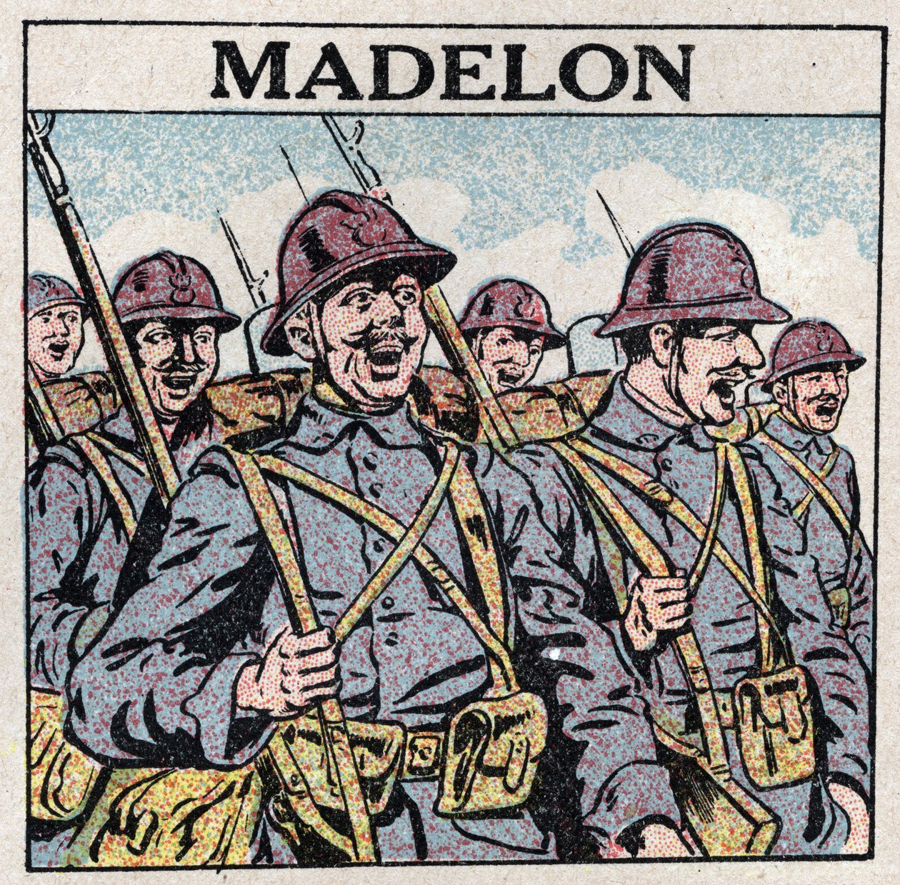 Musikens effekter: den franska låten "La Madelon"" ger mod till militären. Anonym illustration från 1925. Privat samling. av Anonymous Anonymous