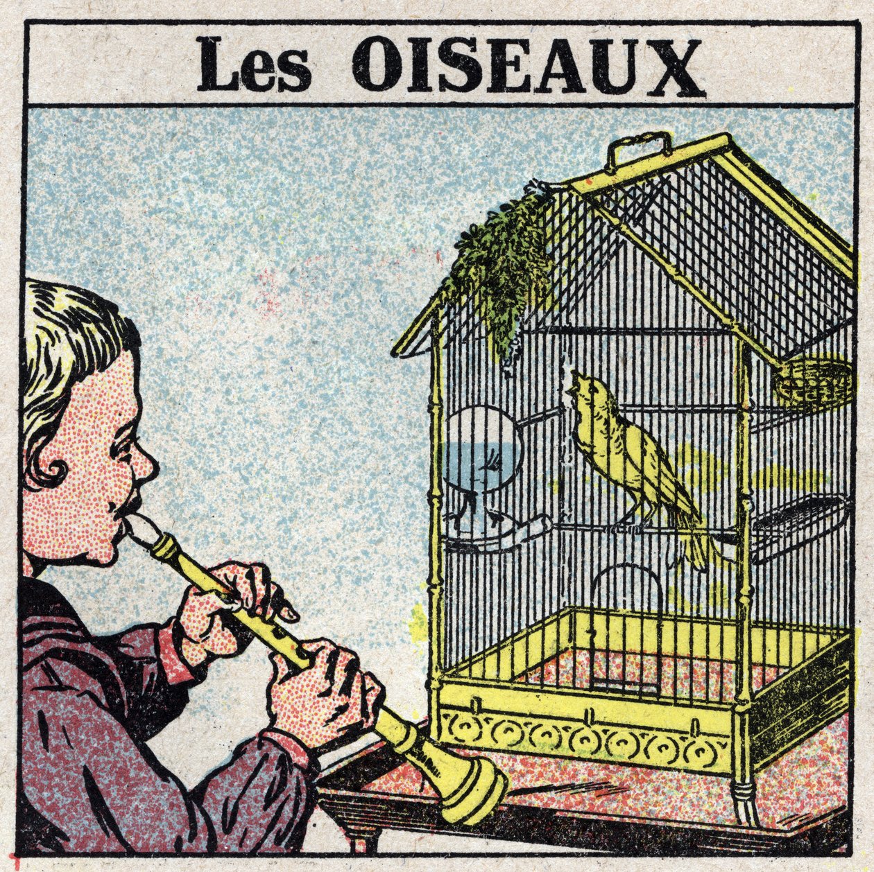 Musikens effekter: ljudet av en flöjt får en fågel att sjunga i en bur. Anonym illustration från 1925. Privat samling. av Anonymous Anonymous