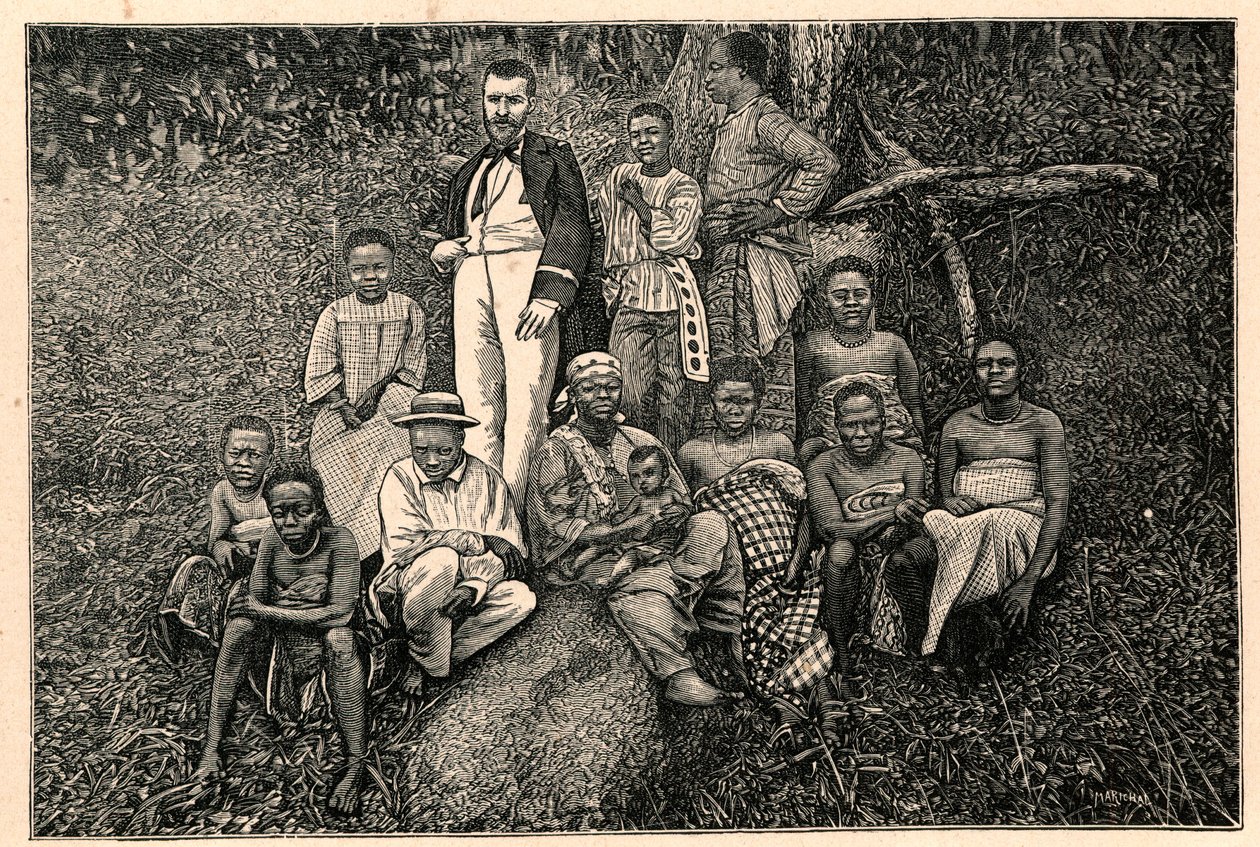Upptäckaren Pierre Savorgnan av Brazza (1852-1905) och en grupp urbefolkningar från det apostoliska vikariatet för de två Guineas (Två Guineas) i Gabon. Gravyr i "Les Missions Catholiques au XIXeme Siecle"" av Louis-Eugene (Louis Eugene) Louvet. pr av Anonymous Anonymous