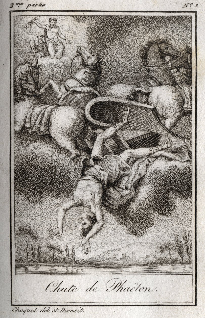 Fallet av Phaeton Phaeton (Phaethon), oförmögen att kontrollera Helios-tanken, träffades av Zeus och föll i Eridanfloden. Gravyr från 1819 i "Lettres a Emilie sur la mythologie" av Charles Albert Demoustier (1760-1801). Privat samling. av Anonymous Anonymous