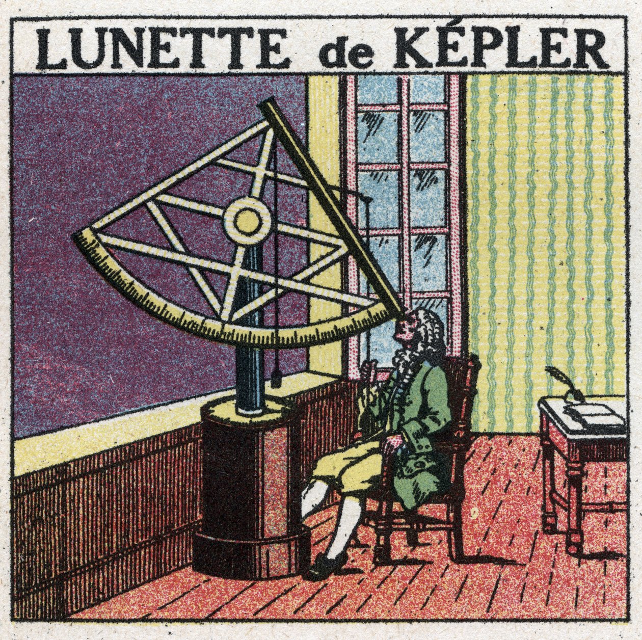 De första optiska instrumenten: astronomisk ram av Johannes Kepler (Keppler) (1571-1630) uppfunnen omkring 1615. Anonym illustration från 1925. Privat samling. av Anonymous Anonymous