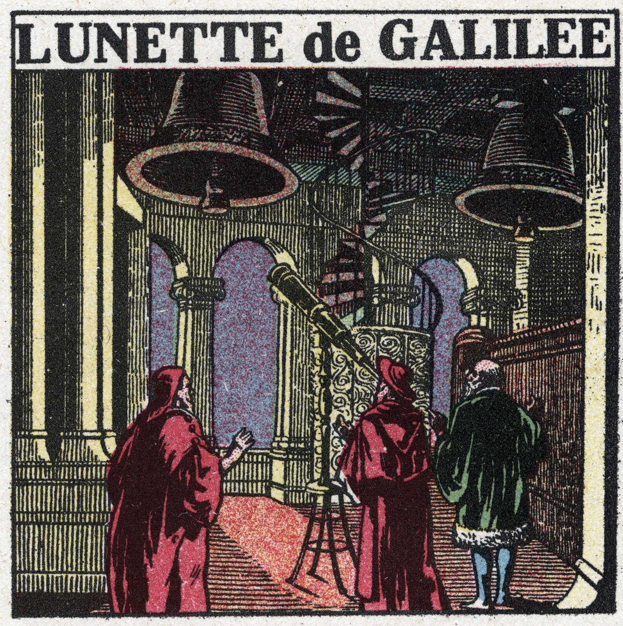 De första optiska instrumenten: astronomisk ram av Galileo Galilei kallad Galilee (1564-1642) uppfanns 1610. Anonym illustration från 1925. Privat samling. av Anonymous Anonymous