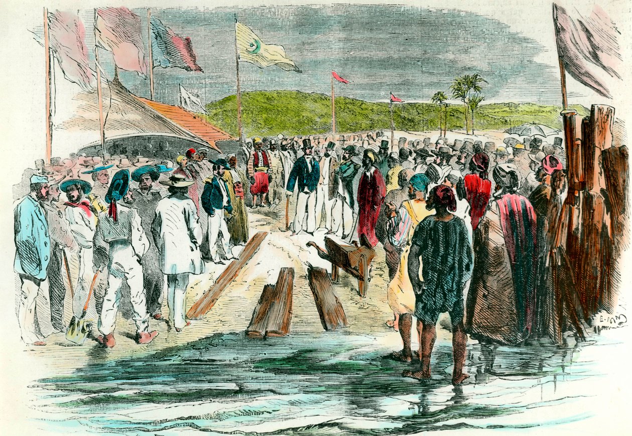 Den första upptagningen vid invigningen av borrningsarbetet på Suezkanalen den 25 april 1859. Byggarbetsplatsen i Egypten som var avsedd att förbinda Röda havet med Medelhavet varade till 1869. Gravyr av 1800-talets Collection Particuliere av Anonymous Anonymous