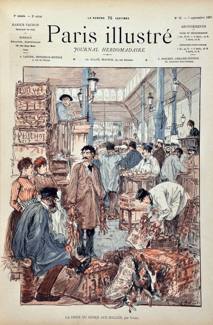 Game criee i Halles de Paris 1887. Illustration av Hermann Vogel (1856-1918). Gravyr från 1887 i "" Paris-Illustrous journal weekly"". av Anonymous Anonymous