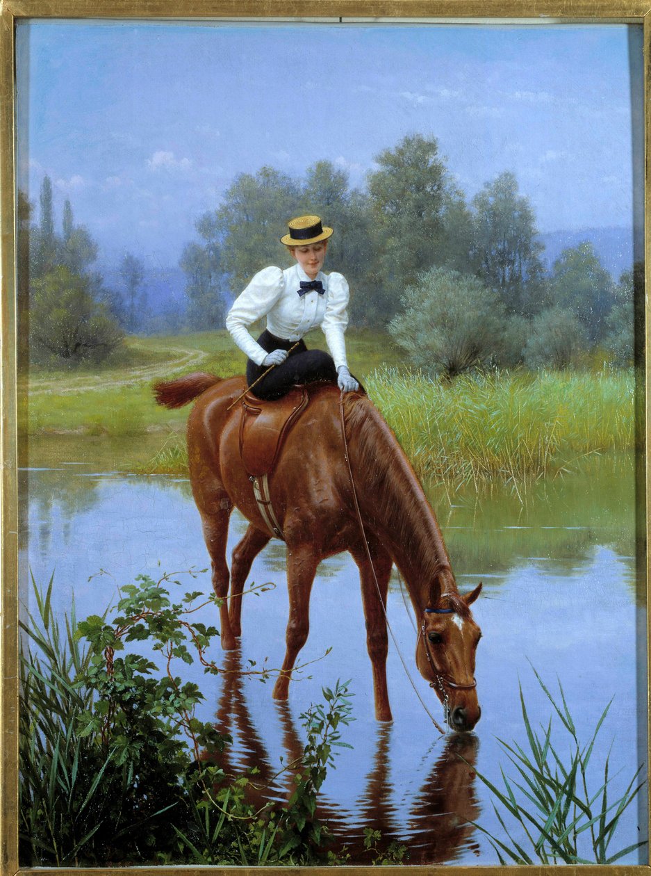 Stoppet En ung kvinna som reser sig i en Amazonas stannar för att få sin häst att dricka. Anonym målning, 1900-talet Privat samling - The Halt. En ung kvinna som rider på sidosadel stannar för att hennes häst ska dricka. Anonym målning, 1900-talet. Privat  av Anonymous Anonymous