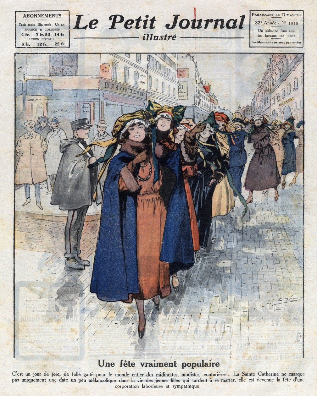 Katarinetters resa, unga celibatariska flickor som bär traditionella hattar, på Paris gator. Illustration hämtad från "" Le petit journal illustrious"" av 1921-12-04. Privat samling av Anonymous Anonymous
