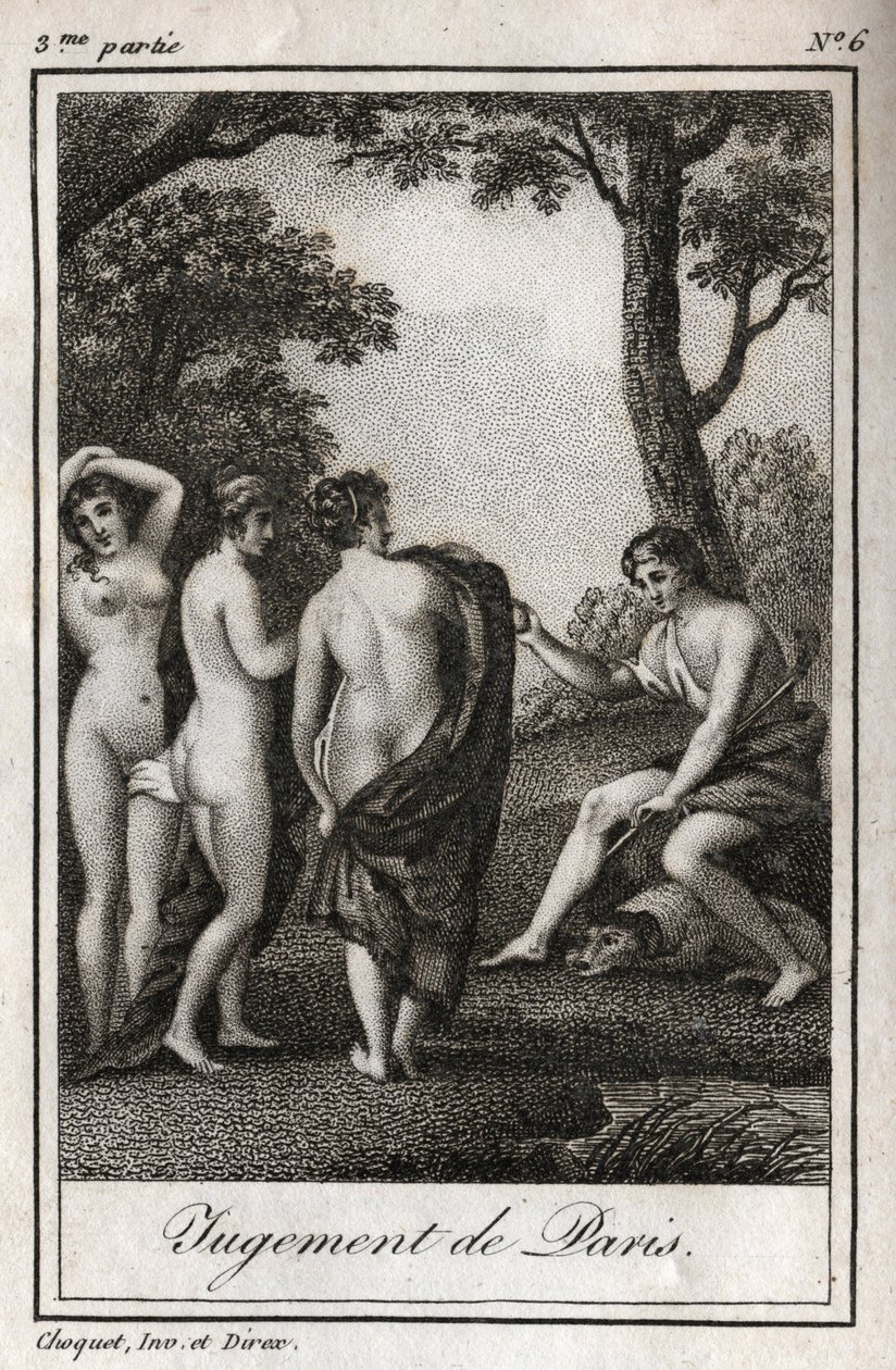 Paris domen Herden Paris måste välja vem han ska ge det gyllene äpplet för att designa den vackraste av de tre gudinnorna, Athena, Afrodite eller Hera. Gravyr från 1819 i "Lettres a Emilie sur la mythologie" av Charles Albert Demoustier av Anonymous Anonymous