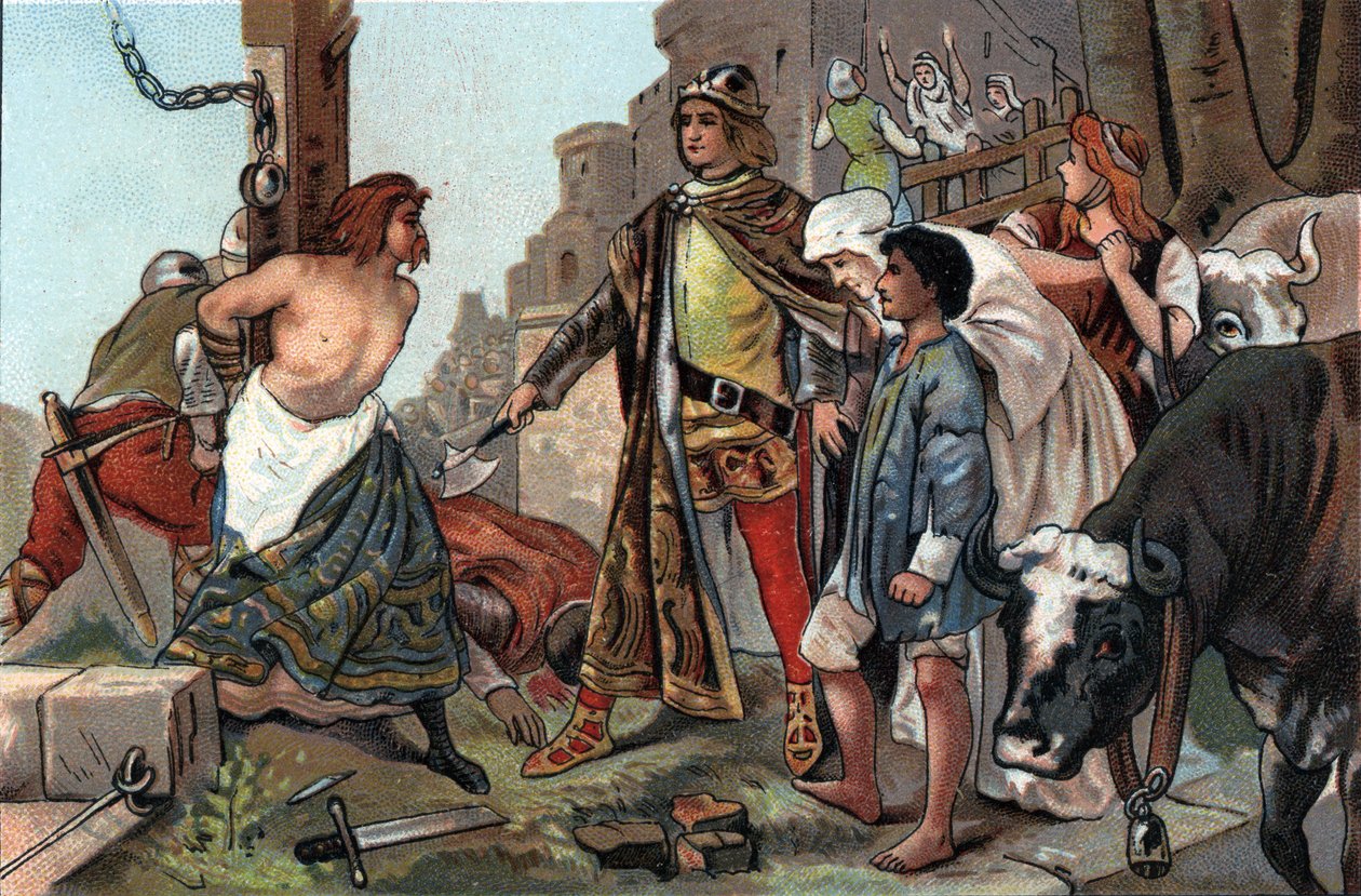 Baudouin VII:s (1092-1119) rättvisa, sa greve av Flandern till yxan. Reklamkromolitografi av Antoine-choklad i Bryssel, början av 1900-talet. Privat samling av Anonymous Anonymous