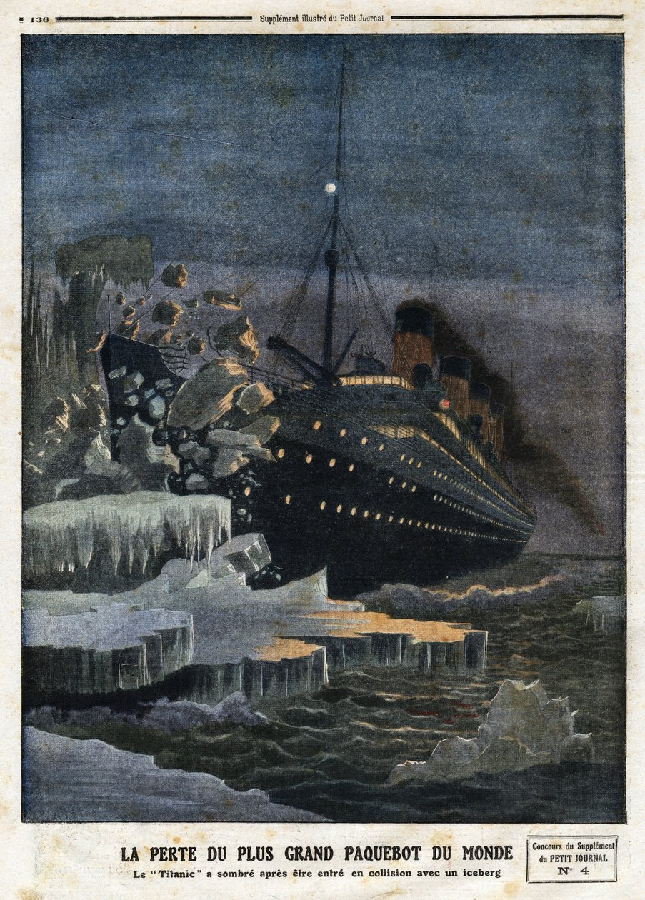 "" Förlusten av världens största liner: "Titanic"" har mörkt efter att ha kolliderat med ett isberg", graverad i "" Le Petit Journal"", den 28/04/1912 av Anonymous Anonymous