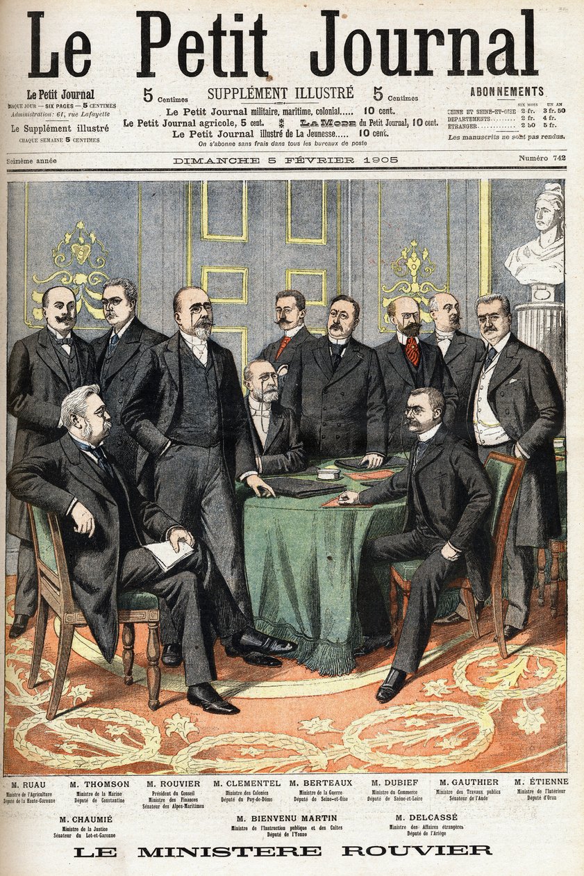 Rouviers ministerium: Längst ner från vänster till höger: Joseph Ruau (1865-1923), jordbruksminister, Gaston Thomson (1848-1932), marinminister, Maurice Rouvier (1842-1911), rådets ordförande och Finansminister Etienne Clementel (186 av Anonymous Anonymous