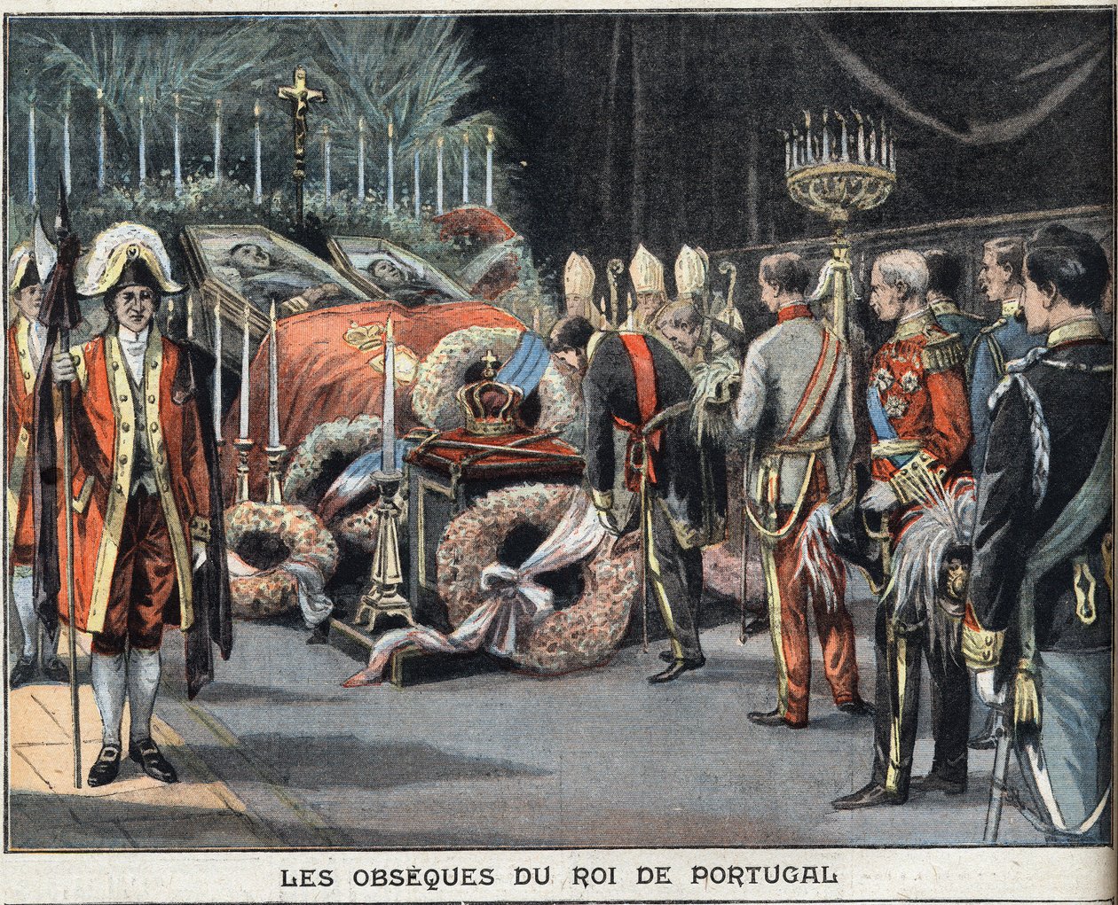 Den portugisiska kungen Karl I:s (1863-1908) obseques dog mördad den 1 februari 1908. Gravyr från tidningen "" Le Peute Parisien"", 1908-02-23. Privat samling. av Anonymous Anonymous