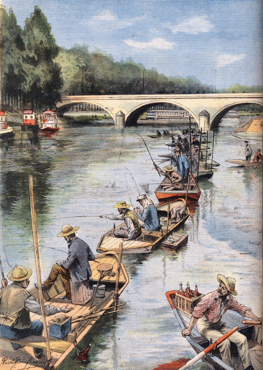 Öppningen av fisket. Gravyr från tidningen "" Le Petite Parisien"", den 21/06/1908. Privat samling. av Anonymous Anonymous