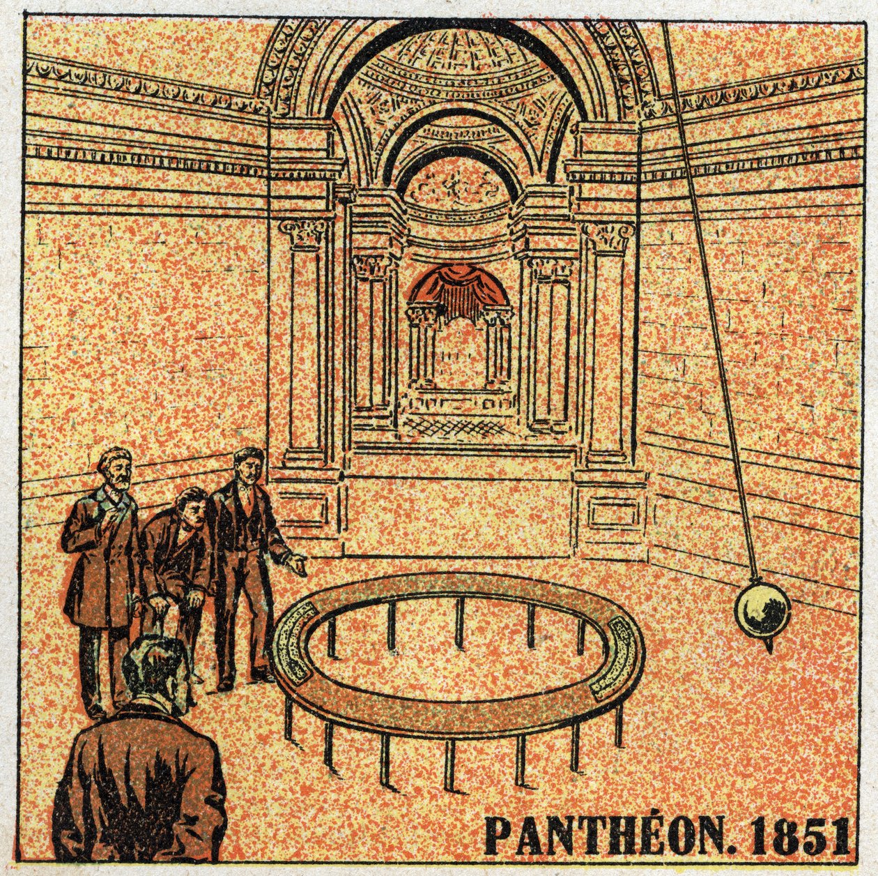 Pendeln: erfarenhet av Leon Foucault (1819-1868) vid Pantheon 1851 och demonstration av jordens rotation. Anonym illustration från 1925. Privat samling. av Anonymous Anonymous