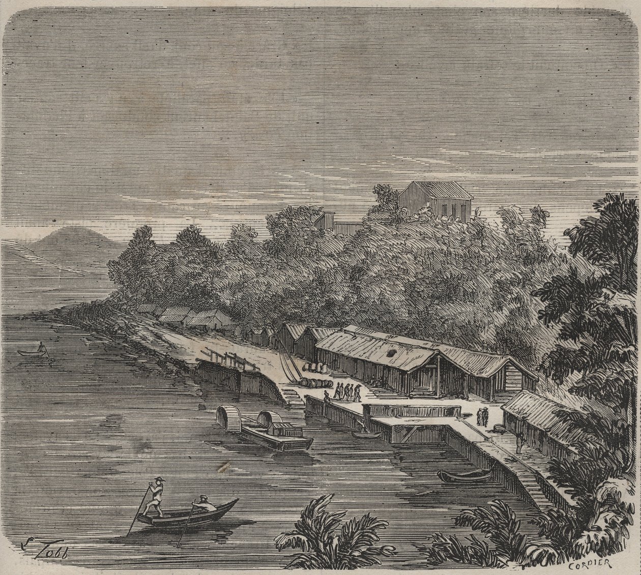 Fängelset Saint-Laurent i Cayenne (Franska Guyana) på 1800-talet. Gravyr i "Historia om fängelserna från deras skapelse till idag" (1877) av Pierre Zaccone (1817-1895) (Colonia Penale - Straffkoloni) av Anonymous Anonymous
