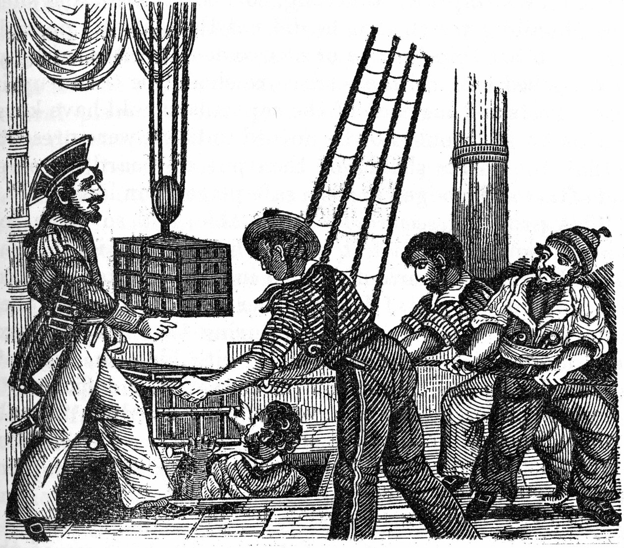 Piraten "" Long Ben"" John Avery (gjorde det 1643) lastade tre lådor med treasor (guld och stenar) på sitt skepp. Gravyr av "" Piratens egen bok"" 1837. av Anonymous Anonymous