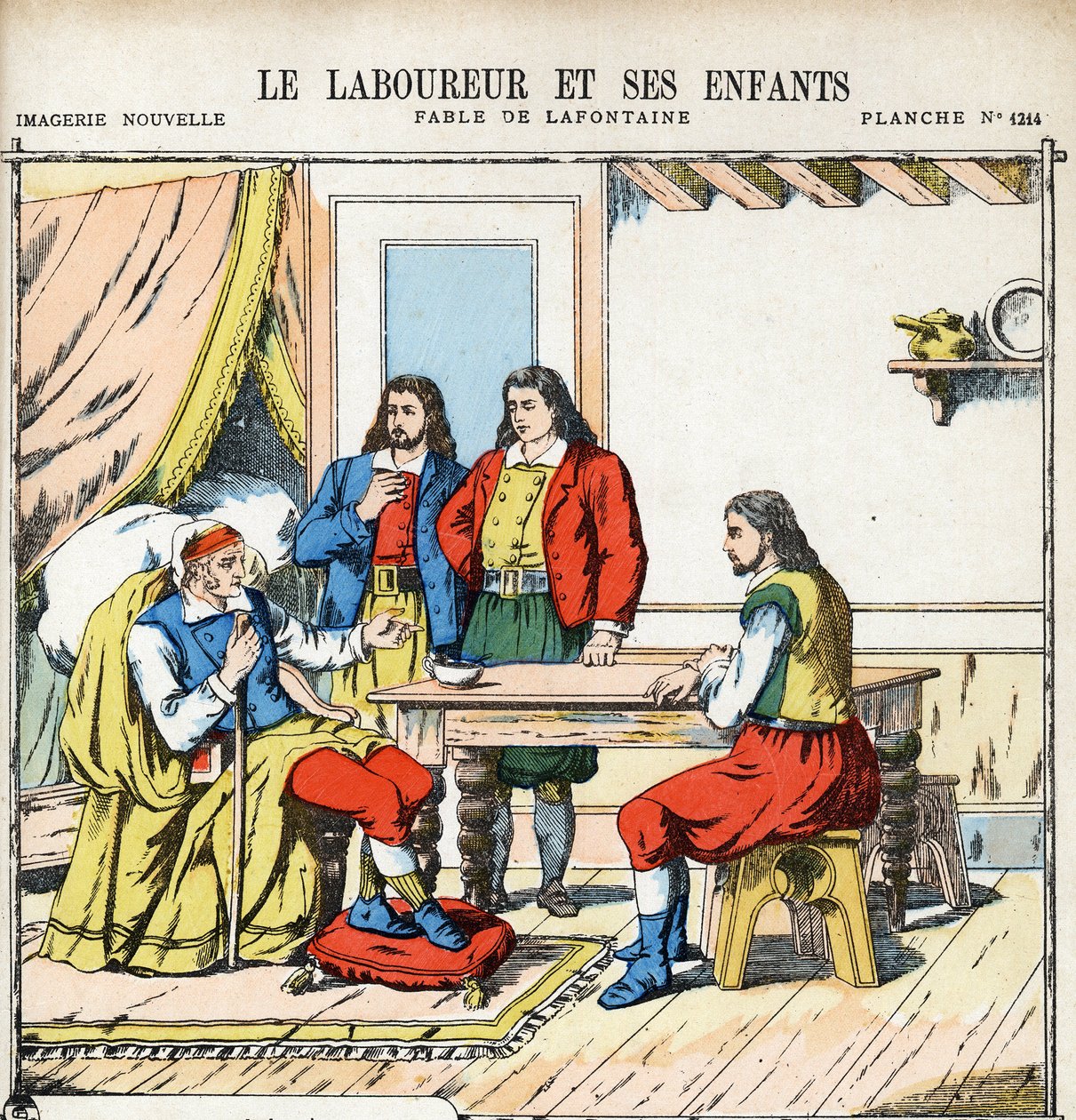 Plogaren och hans barn. Anonym illustration för Les Fables av Jean de LA FONTAINE (Lafontaine) (1621-1695). Avbildning av Pont-a-Mousson, ca 1880. Privat samling. av Anonymous Anonymous