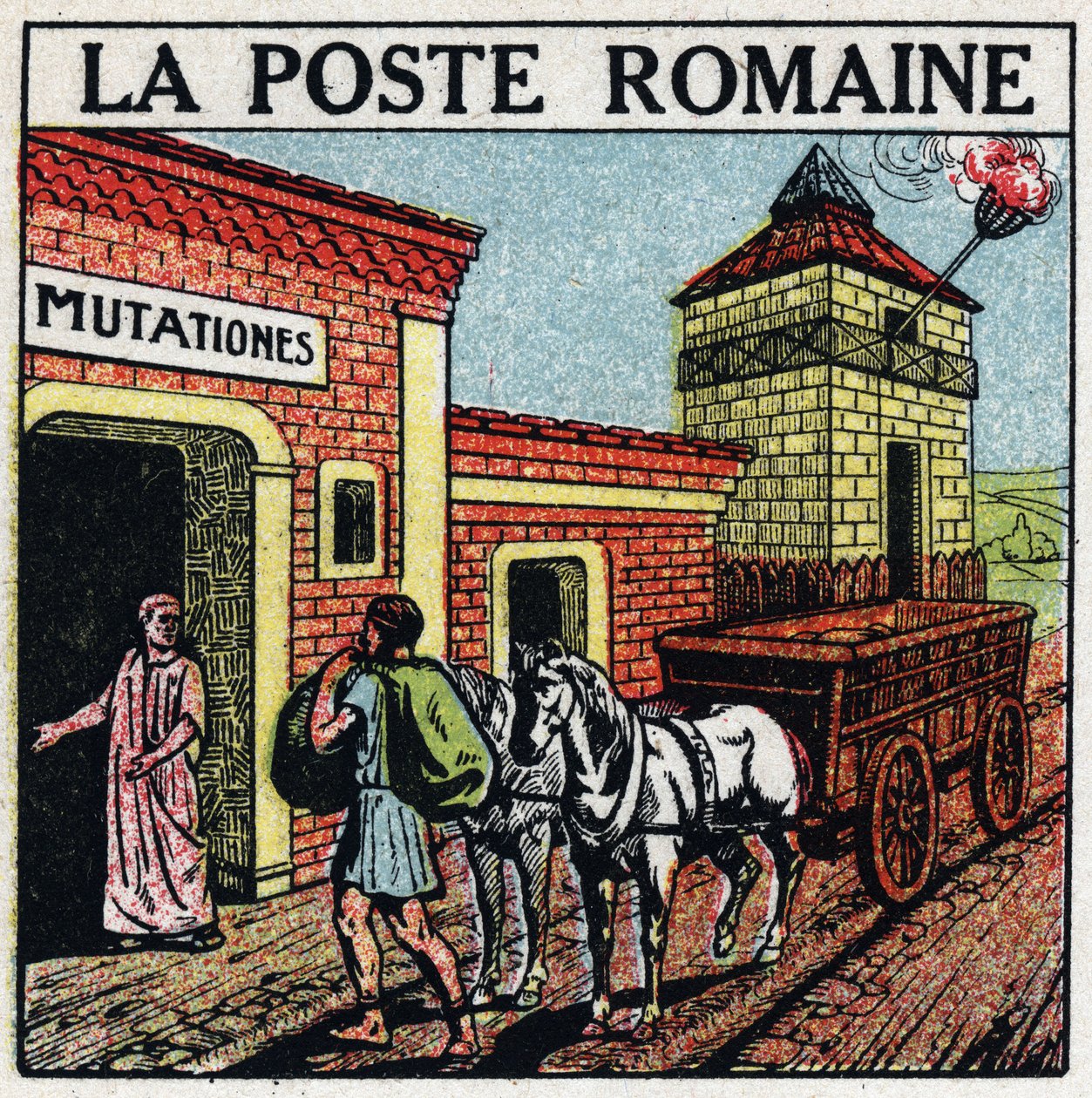 Posten: den romerska posten. En "mutationes", en plats där hästar som används för postkontoret kunde hyras kallas "" curriculum publicus". Anonym illustration från 1925. Privat samling. av Anonymous Anonymous