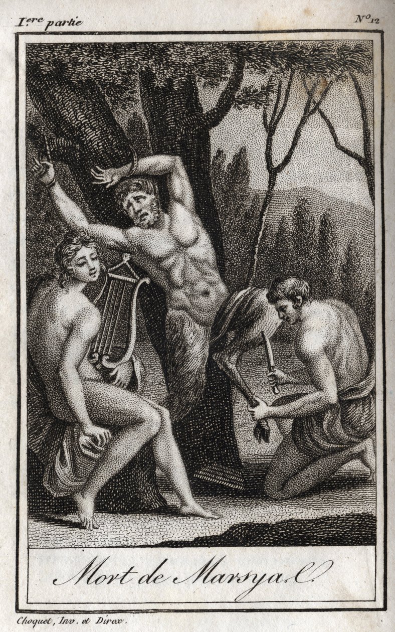 Straffet eller döden av Marsyas (The Punishment of Marsyas) straffas för att ha trotsat Apollo till lyran och spärras av bågskytten i närvaro av kung Midas och muserna. Gravyr från 1819 i "Lettres a Emilie sur la mythologie" av Charles av Anonymous Anonymous