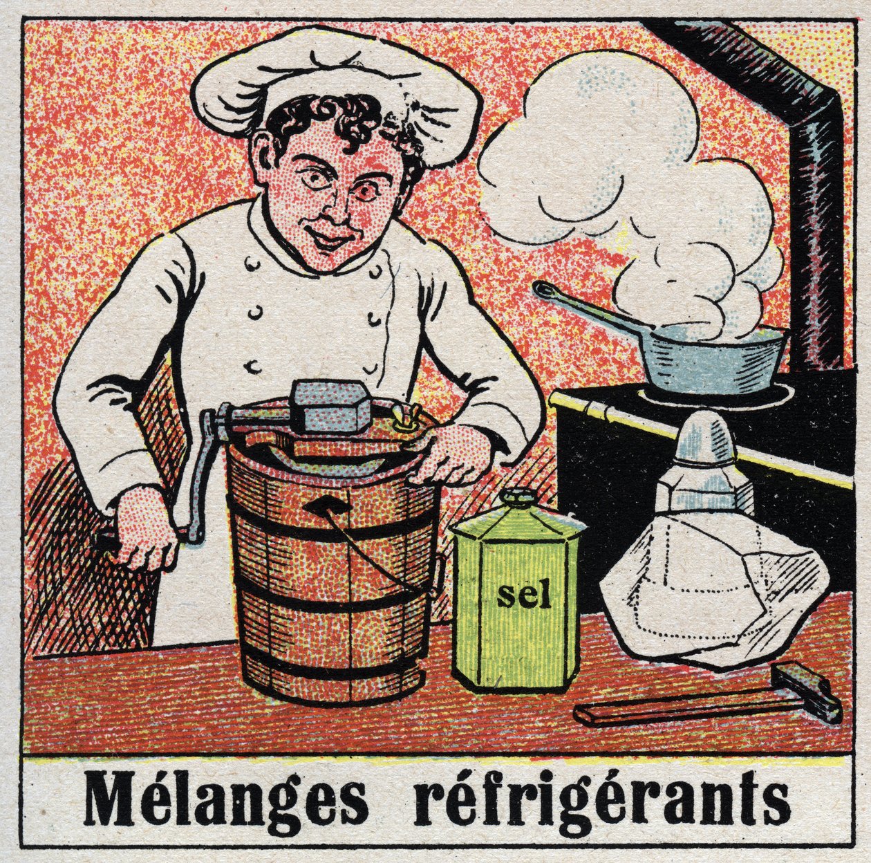 Kylindustrin: kylmedelsblandningar som används för matlagning. Anonym illustration från 1925. Privat samling. av Anonymous Anonymous