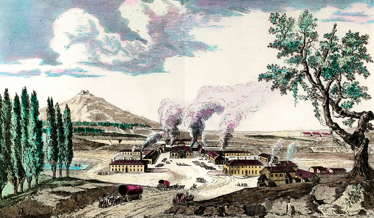 Det kungliga gjuteriet i Creusot (Saone och Loire) 1787 Det tillverkade bland annat den franska arméns beväpning. Gravyr från 1700-talet. Privat samling av Anonymous Anonymous