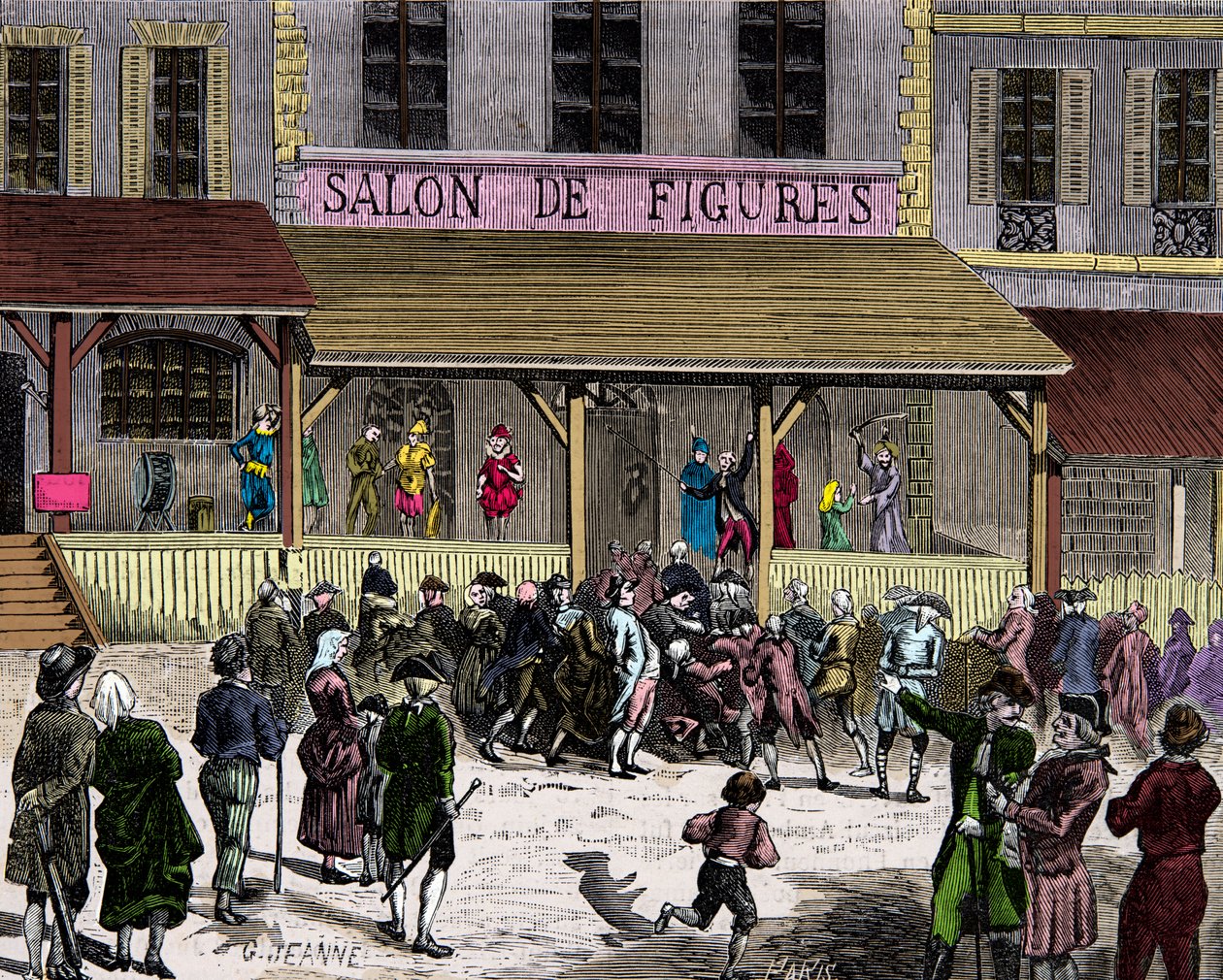 Salongen för vaxfikon boulevard du temple i Paris på 1700-talet grundad av Curtius, Gravyr, Privat samling av Anonymous Anonymous