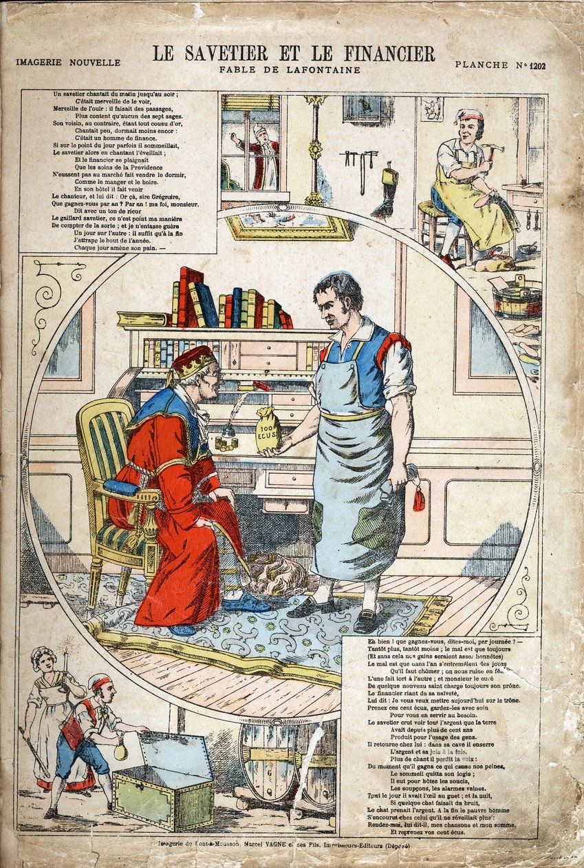 Spararen och finansmannen. Anonym illustration för Les Fables av Jean de LA FONTAINE (Lafontaine) (1621-1695). Avbildning av Pont-a-Mousson, ca 1880. Privat samling. av Anonymous Anonymous