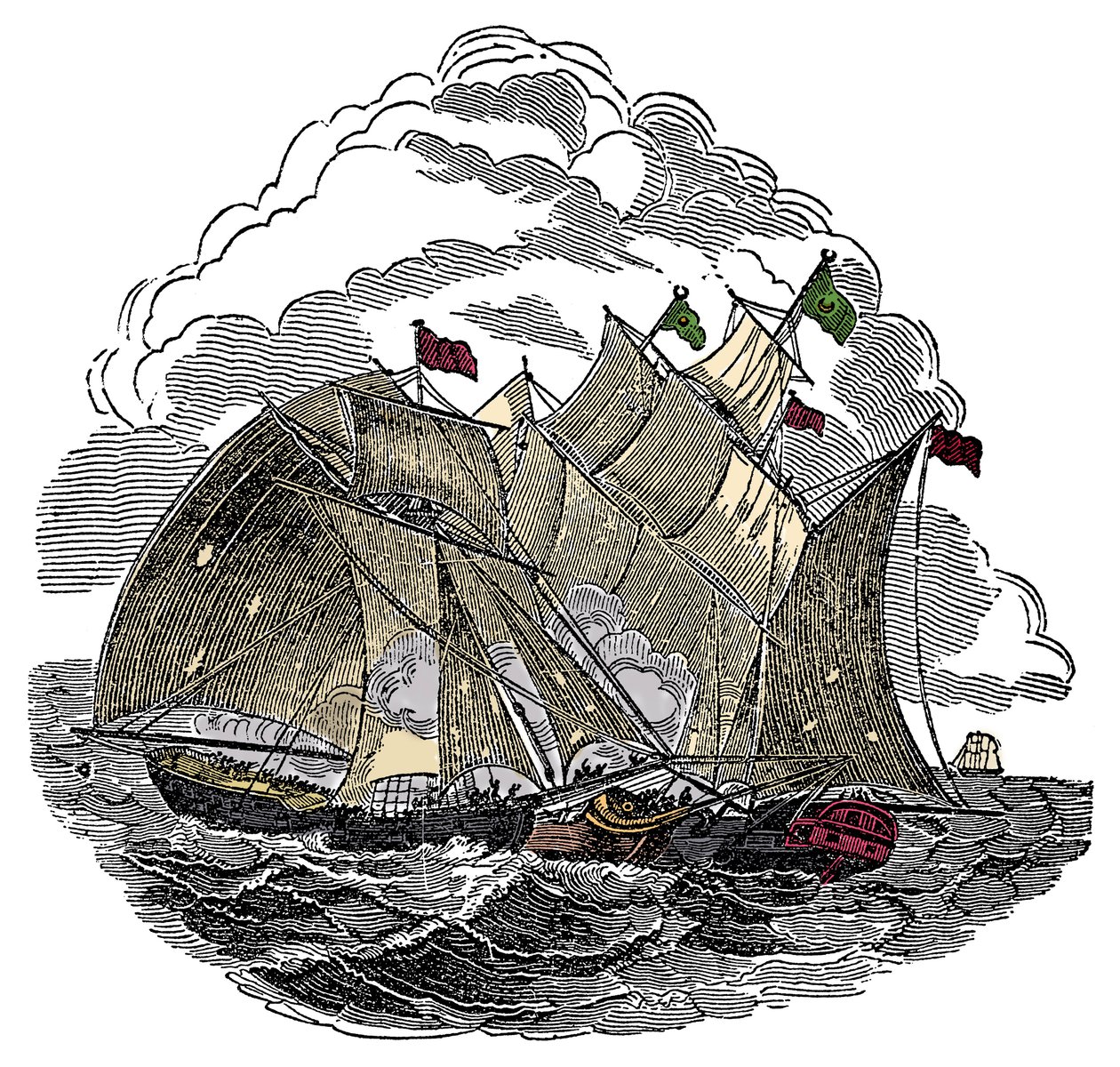 Piratens skepp Henry Every (John Avery, Long Ben, Benjamin Bridgeman) (? -1695) attackerade i september 1695 flottan av den store Mughal Aurangzeb Aurangzeb (Alamgir) utanför Surate, Indien Gravyr från "The Pirates Own Book" av Charles Ellms av Anonymous Anonymous