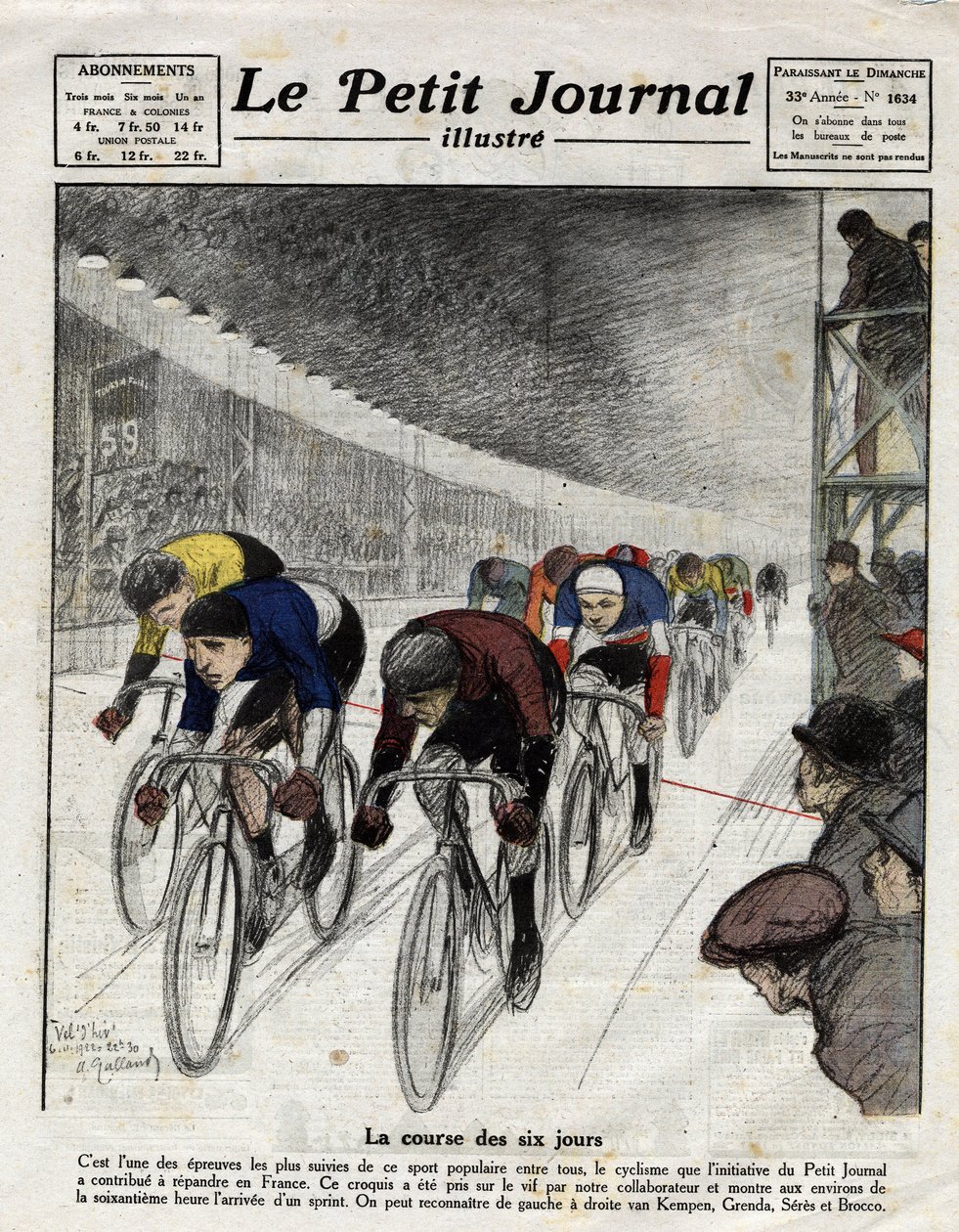 Sexdagarsloppet: Piet van Kempen (1898-1985), Alfred Grenda, Seres och Maurice Brocco (1883-1965) under sprinten. Gravyr i Le Petit Journal illustre, den 16/04/1922 av Anonymous Anonymous