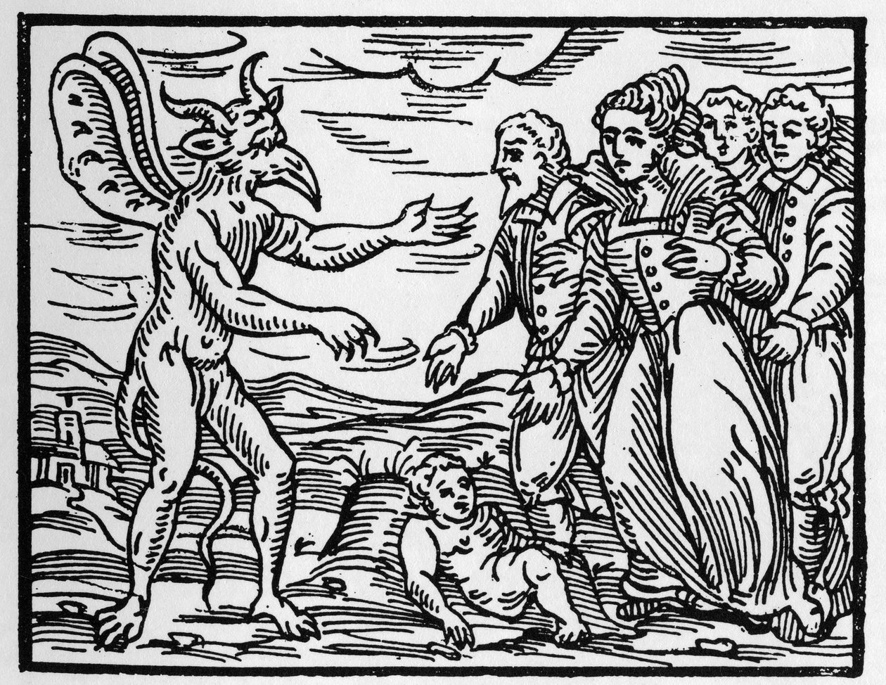 Trollkarlarna som presenterar ett barn för djävulen - "" Compendium Maleficarum"", handlar om häxor, deras ondska och deras sortileges av Francesco Maria Guazzo eller Guaccio eller Guaccius (15?? -16??) 1608 privatsamling av Anonymous Anonymous