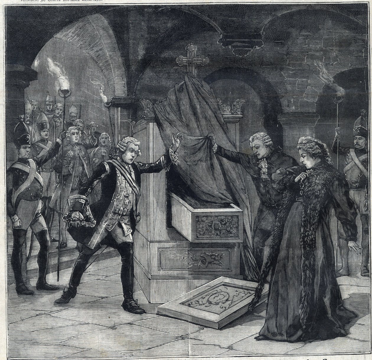 Källarscenen i pjäsen "" Katarina av Ryssland"" på teatern för Cathelet Paul Ginisty (1855-1932) och Charles Samson (1894-1895). Gravyr i "" Le Petro Parisien"" av Anonymous Anonymous
