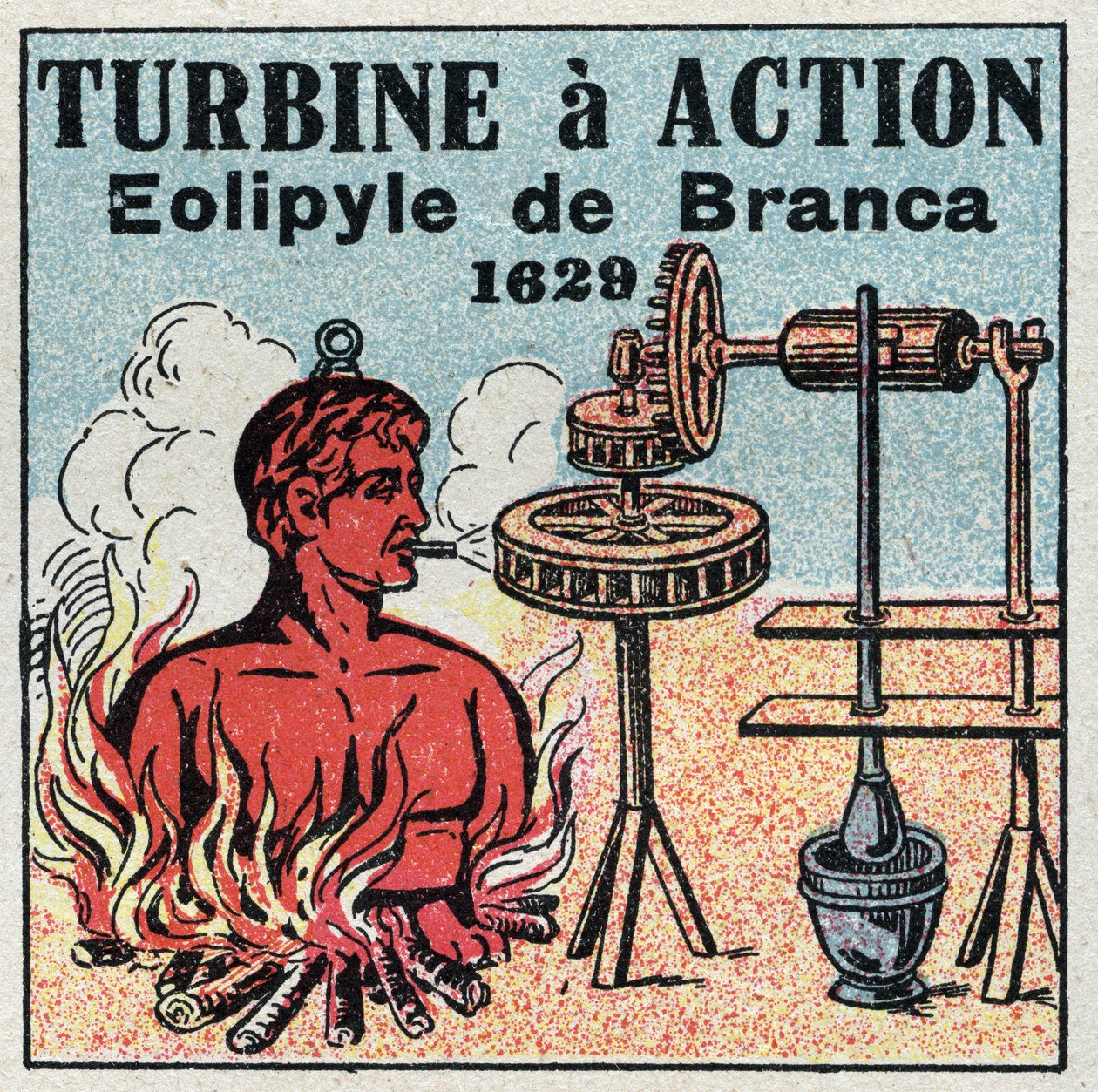 Ångmaskinen: turbinen har action. Eolipyle uppfunnen av Giovanni Branca (1571-1645) 1629. Anonym illustration från 1925. Privat samling. av Anonymous Anonymous