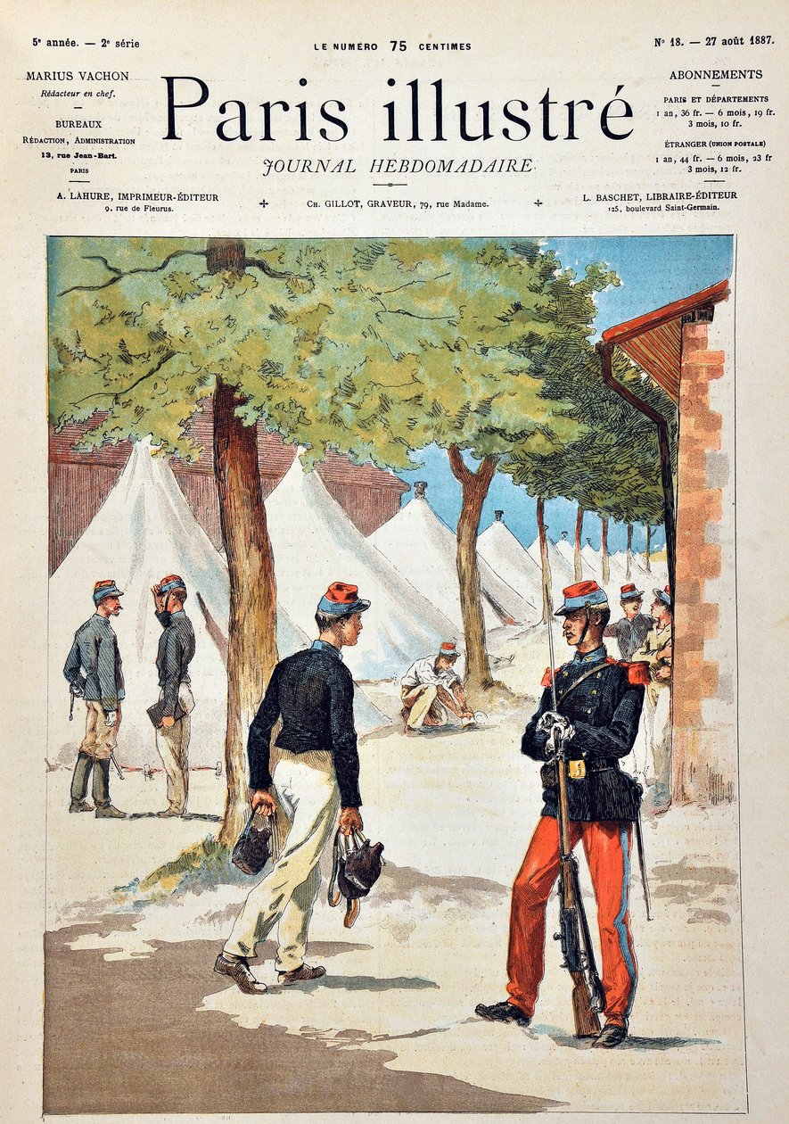 Eleverna på skolan Saint-Cyr (Saint Cyr) i lägret Chalons. Gravyr från 1887 i "" Paris-Illustrous journal weekly"". av Anonymous Anonymous
