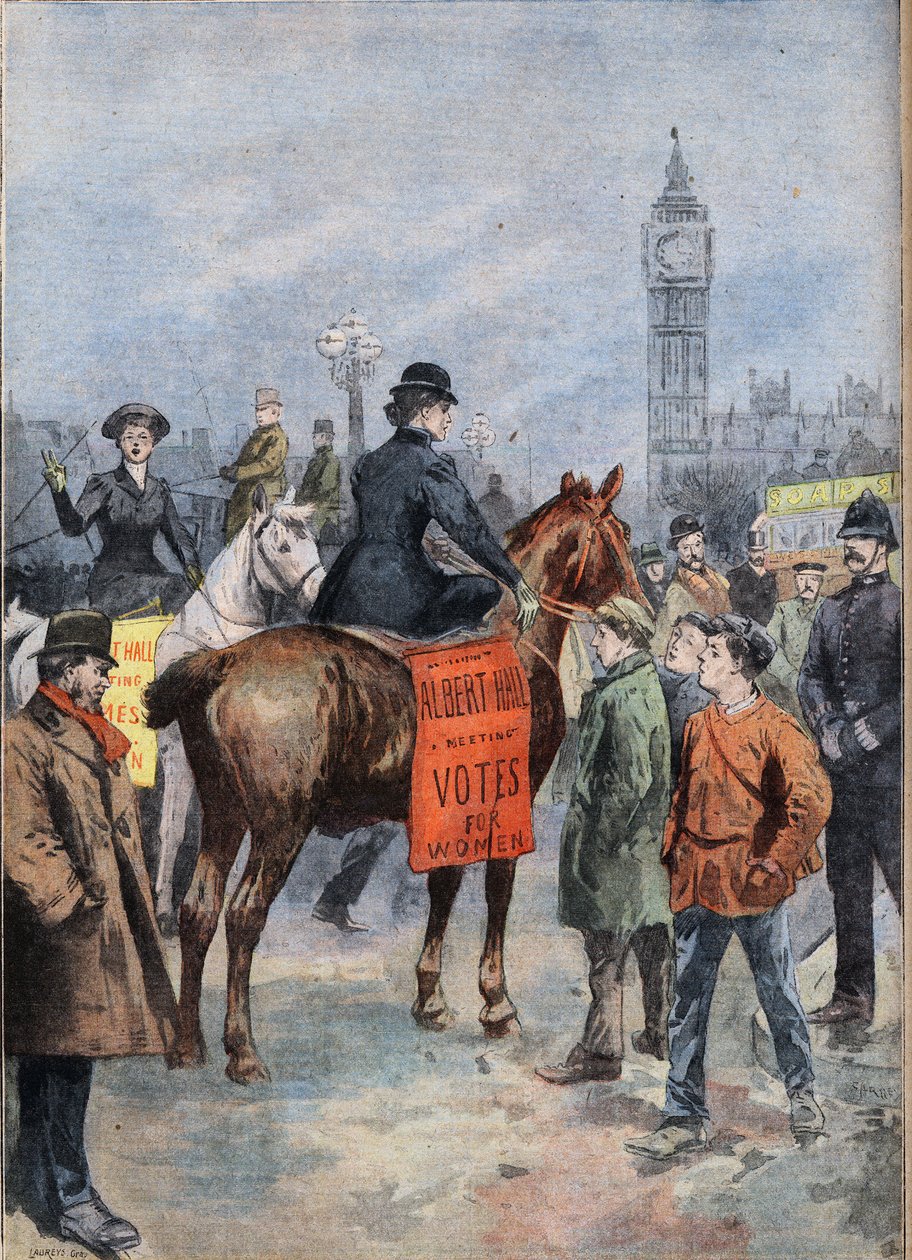 Suffragetterna reser staden London till häst. Gravyr från tidningen "" Le Petite Parisien"" av Anonymous Anonymous
