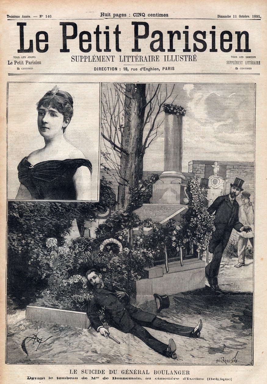 General Georges Boulangers (1837-1891) självmord på kyrkogården i Ixelles i Belgien framför Madame Bonnemains grav. Gravyr i "" Le petit Parisien"" från 1891. Privat samling. av Anonymous Anonymous