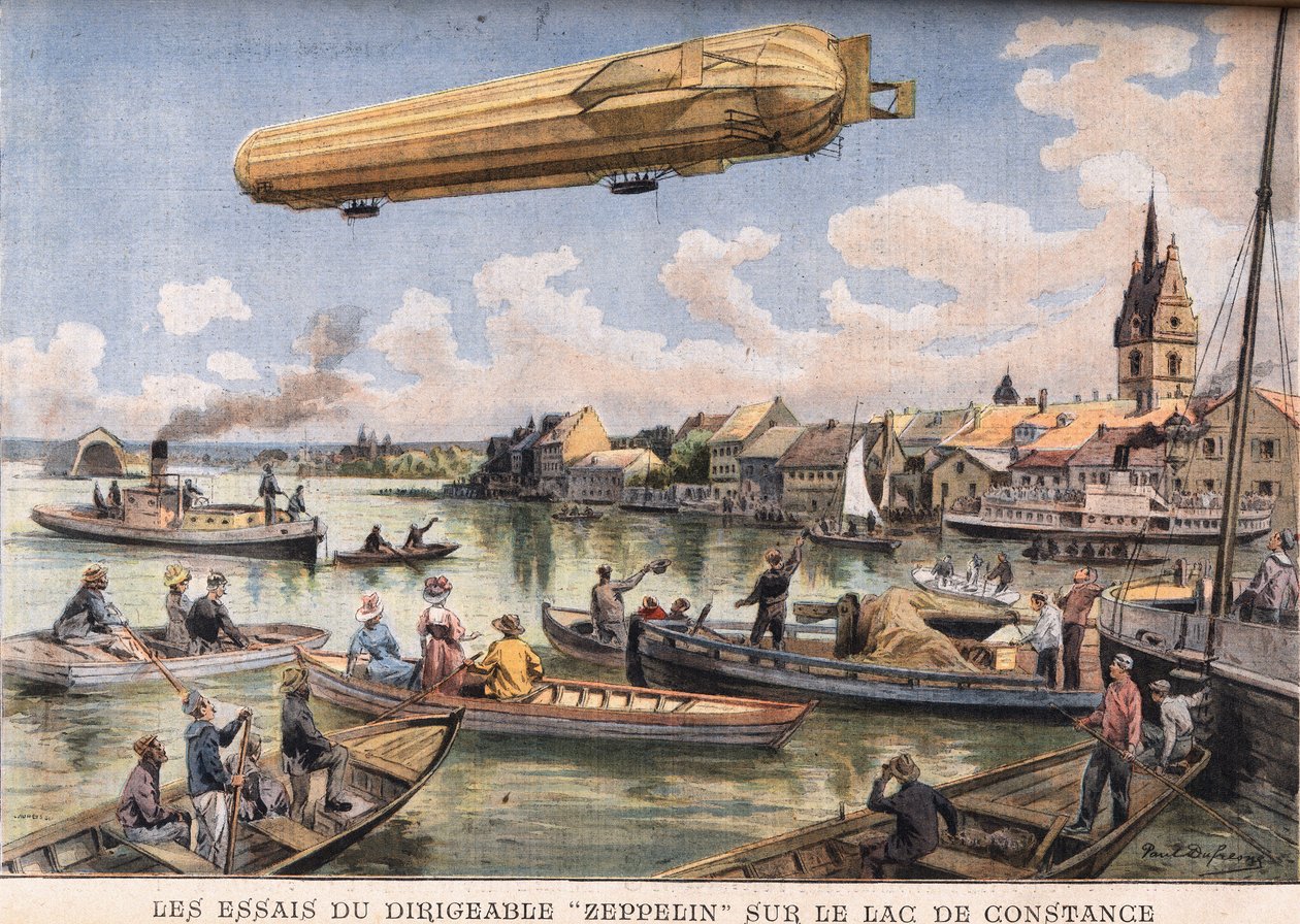 Testerna av luftskeppet Zeppelin på Bodensjön i Tyskland. Gravyr från tidningen "" Le Peute Parisien"", den 2/08/1908. Privat samling. av Anonymous Anonymous