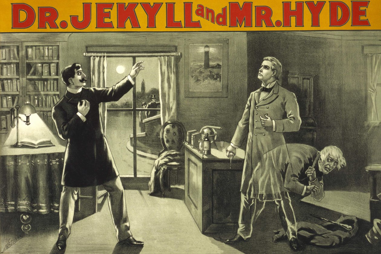 Förvandlingen. "" Doktor Jekyll och Mister Hyde "", Rory of Terror av Robert Louis Stevenson (1886). Amerikansk affisch från slutet av 1800-talet för en teaterföreställning. Privat samling Milano. av Anonymous Anonymous
