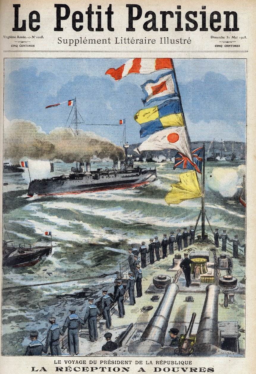 Resan för Frankrikes president Armand Fallieres (1841-1931): mottagandet i Dover, England. En av tidningen "" Le petit parisien"" den 31/05/1908. Privat samling. av Anonymous Anonymous