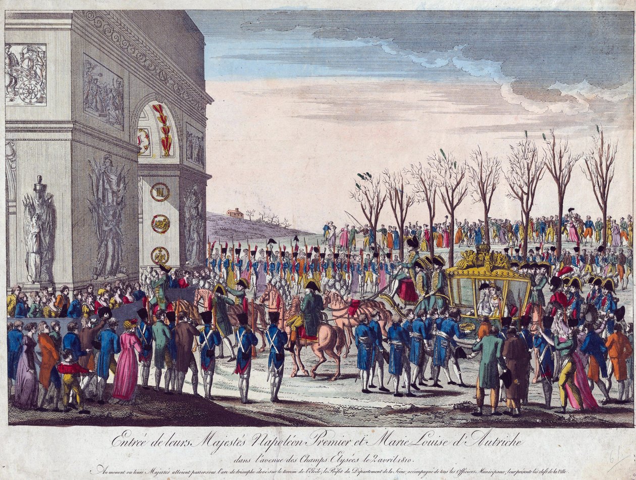 Napoleons och Marie-Louises bröllopståg längs Champs Elysees den 2 april 1810 - Anonym - 1810 - Etsning, akvarell - 35,3x45,7 - Privat samling av Anonymous Anonymous