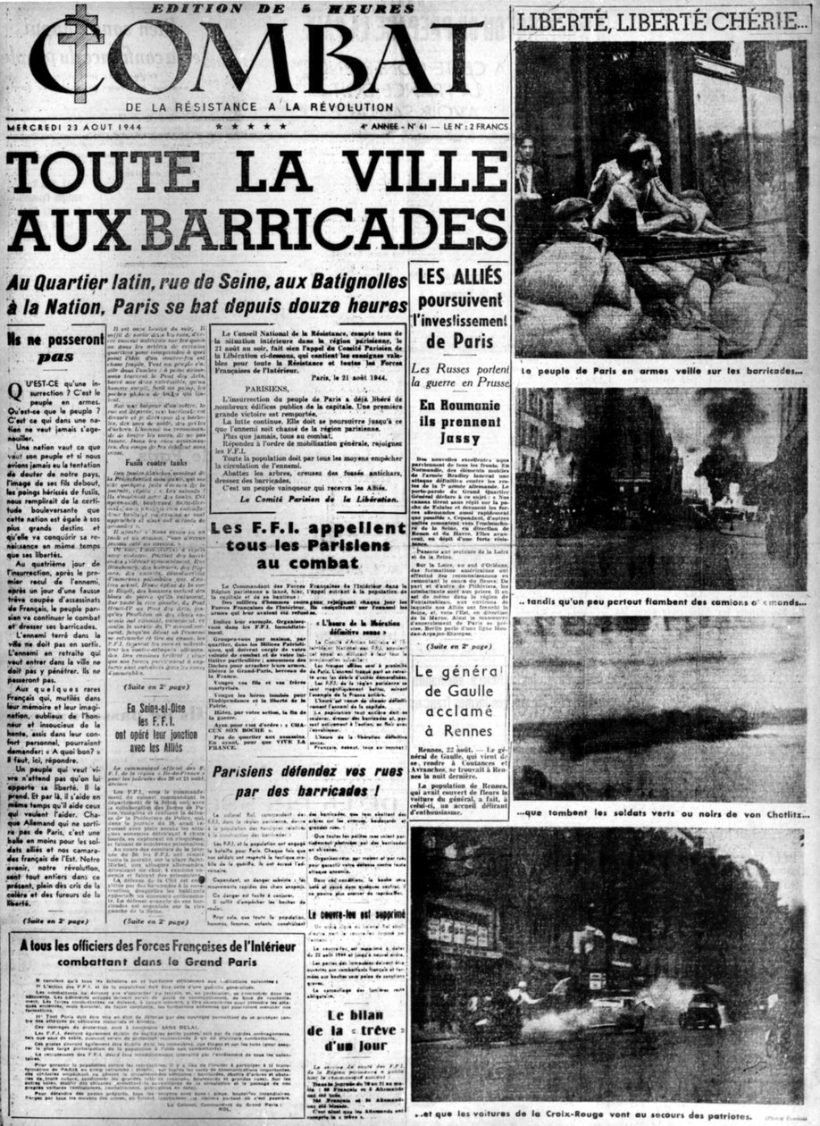 Hela staden vid barrikaderna: befrielsen av Paris - i "Combat"" av 23/08/1944, koll. MDJ Bernard. av Anonymous Anonymous