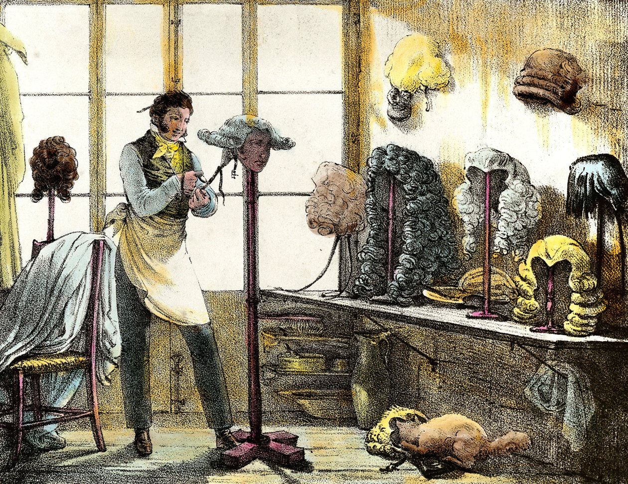 Peruken styling en peruk av en catogan, herrfrisör. Gravyr från spegelshower, brev, mediciner etc. Konsten”” 1821-1823 Privat samling av Anonymous Anonymous
