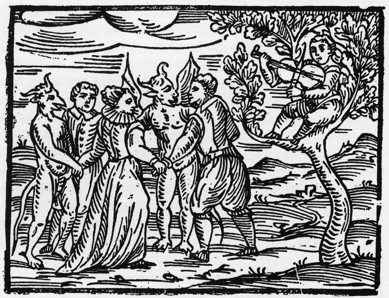 Häxorna på sabbaten som dansar till ljudet av fiolen - "Compendium Maleficarum", handlar om häxorna, deras ondska och deras sortileges av Francesco Maria Guazzo eller Guaccio eller Guaccius (15?? -16??) 1608 privatsamling av Anonymous Anonymous
