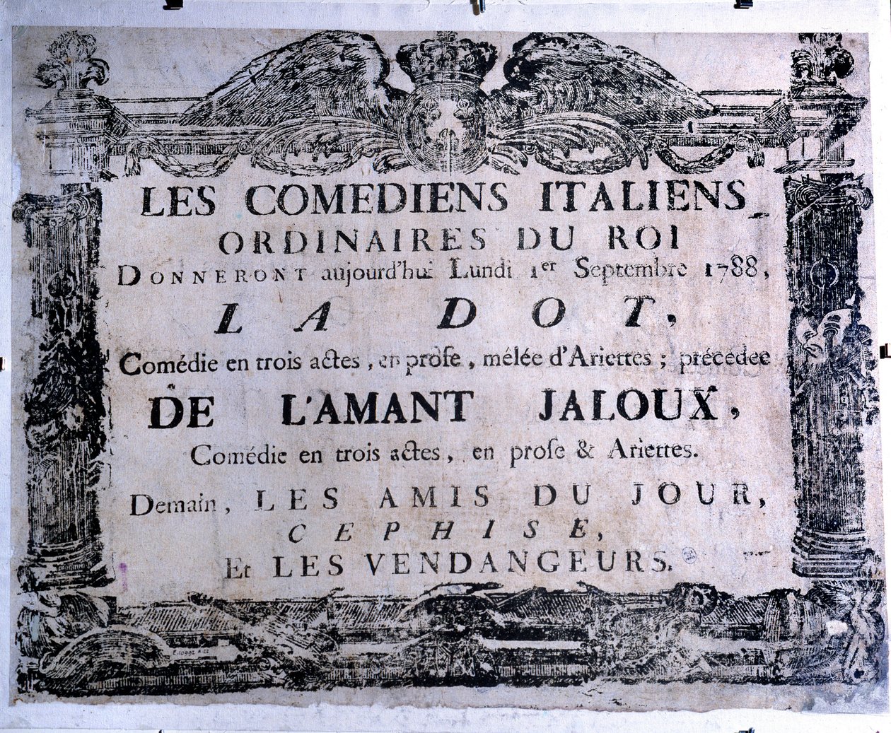 Teateraffisch som presenterar stycket "The dot" och "The jealous lover"" framfört av italienska komiker, 1788-09-01. Paris. Carnavalet Museum av Anonymous Anonymous