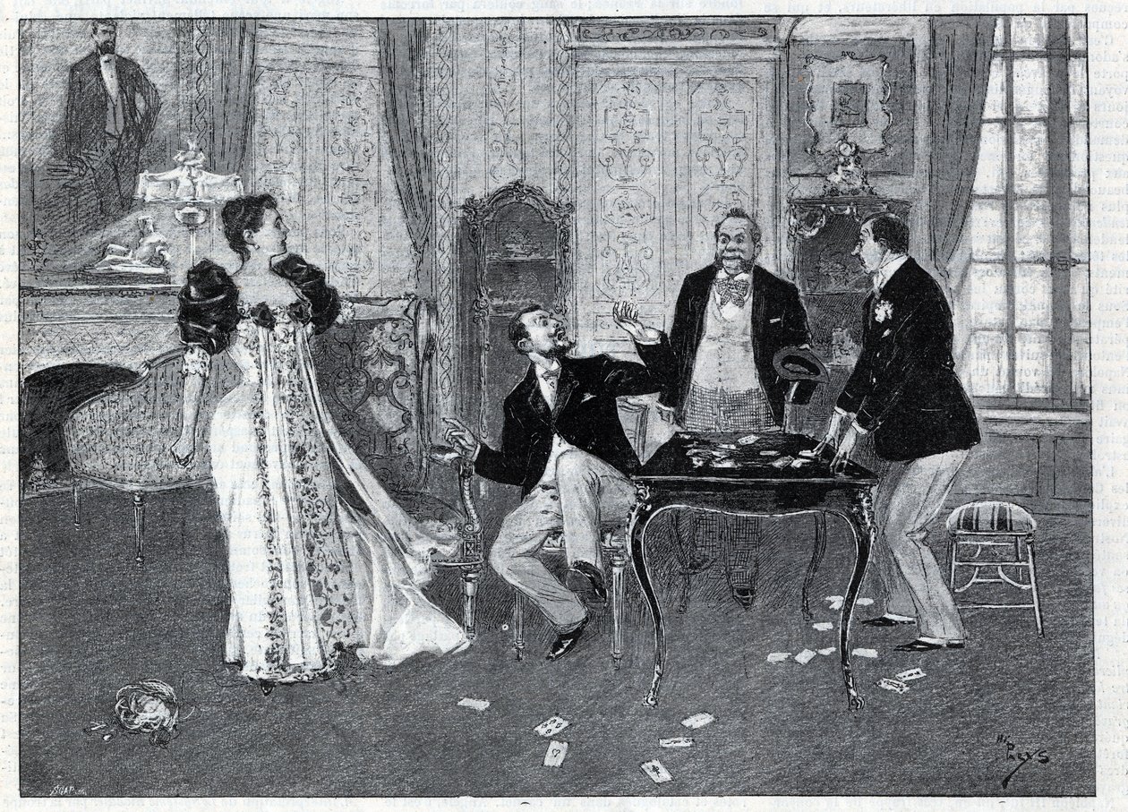 Teaterrepresentation: "" The Systeme Ribadier"", vaudeville av Georges Feydeau (1862-1921) och Maurice Hennequin (1863-1926) på Theatre du Palais-Royal i Paris. Gravyr i "Le monde illustree" från 1892. Privat samling. av Anonymous Anonymous