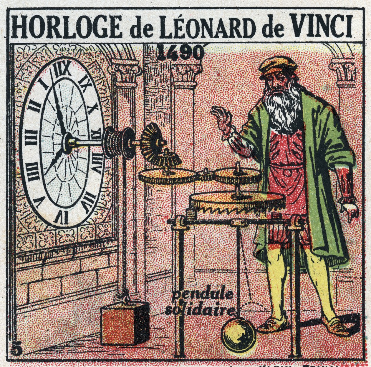 Tid: viktklocka uppfann av Leonard de Vinci (Leonardo da Vinci) (1452-1519) 1490. Den ersätter broschyren med en vertikal balans. Anonym illustration från 1925. Privat samling. av Anonymous Anonymous